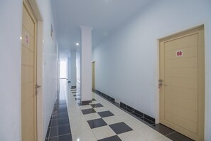 Un couloir doté d’un sol à carreaux, de murs blancs et de portes numérotées 12 et 08.