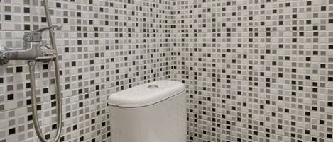A bathroom with a toilet and a shower.