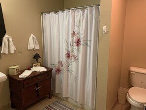 Duschwanne, Haartrockner, Handtücher, Toilettenpapier