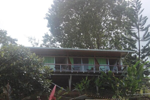 A two-story building with a balcony, surrounded by dense foliage.