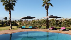 Outdoor pool, pool umbrellas, pool loungers