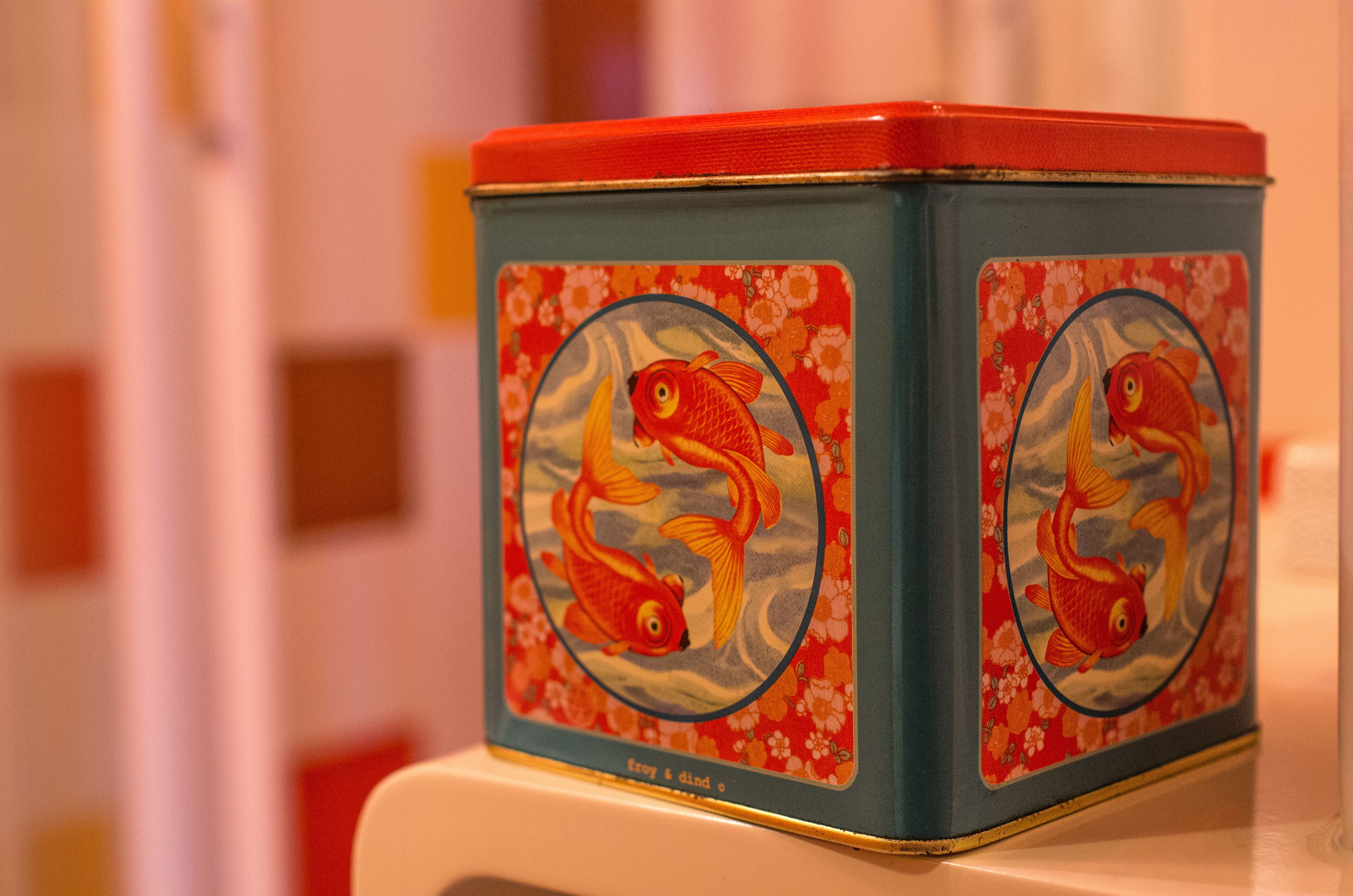 A blue and red container with a fish design on the front.