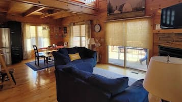 Smart TV, fireplace, books