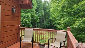 A wooden deck with two chairs and a potted plant. - Peaceful Blue Ridge Mountain Retreat Near Marion, NC (Nebo)