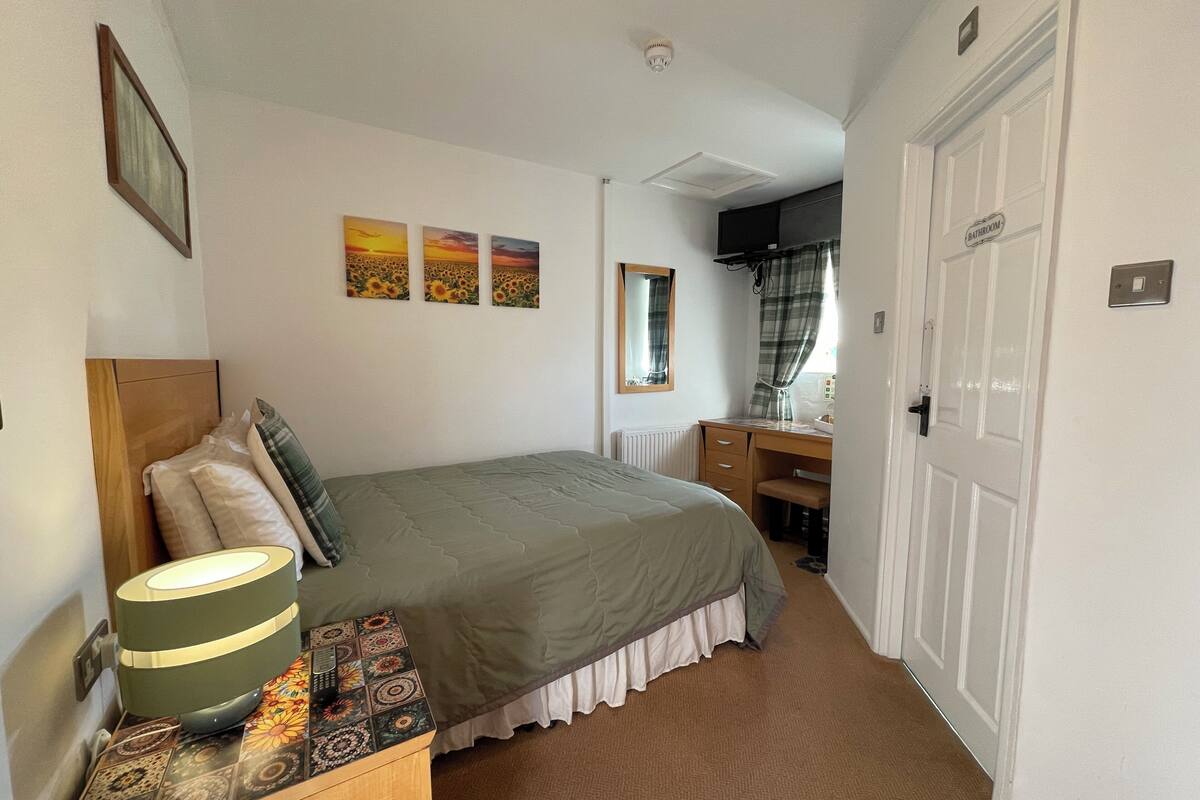A bedroom with a bed, a dresser, a desk, and a mirror. There are three paintings on the wall and a door labeled "bathroom".