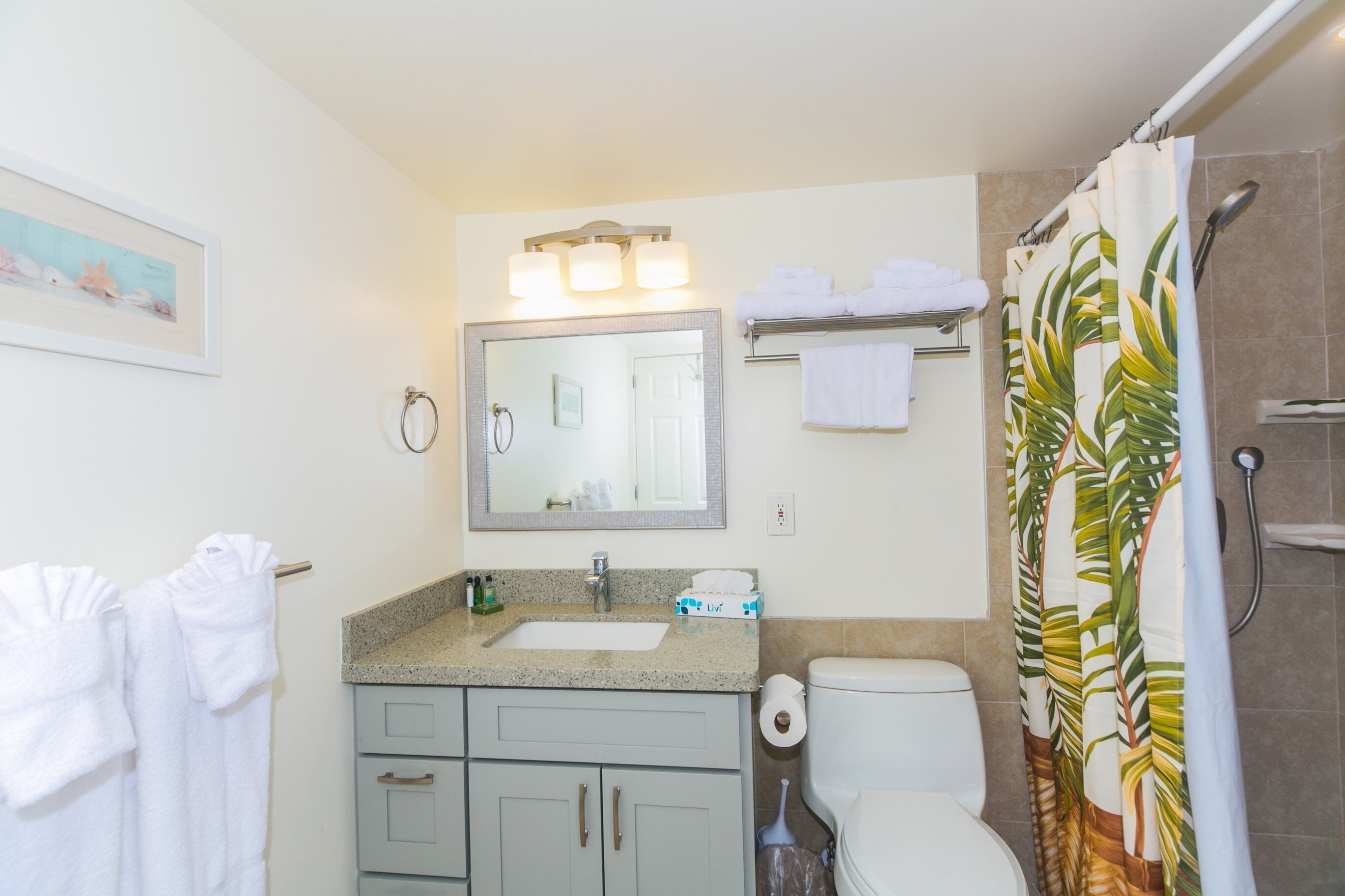 A bathroom with a sink, mirror, towel rack, toilet, and shower curtain.