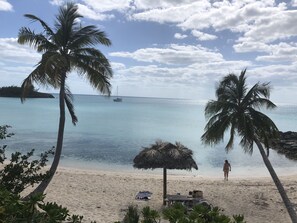A beach with palm trees, a thatched umbrella, and a boat in the distance. - The Sunset Cove and Rainbow Room (Rainbow Bay)