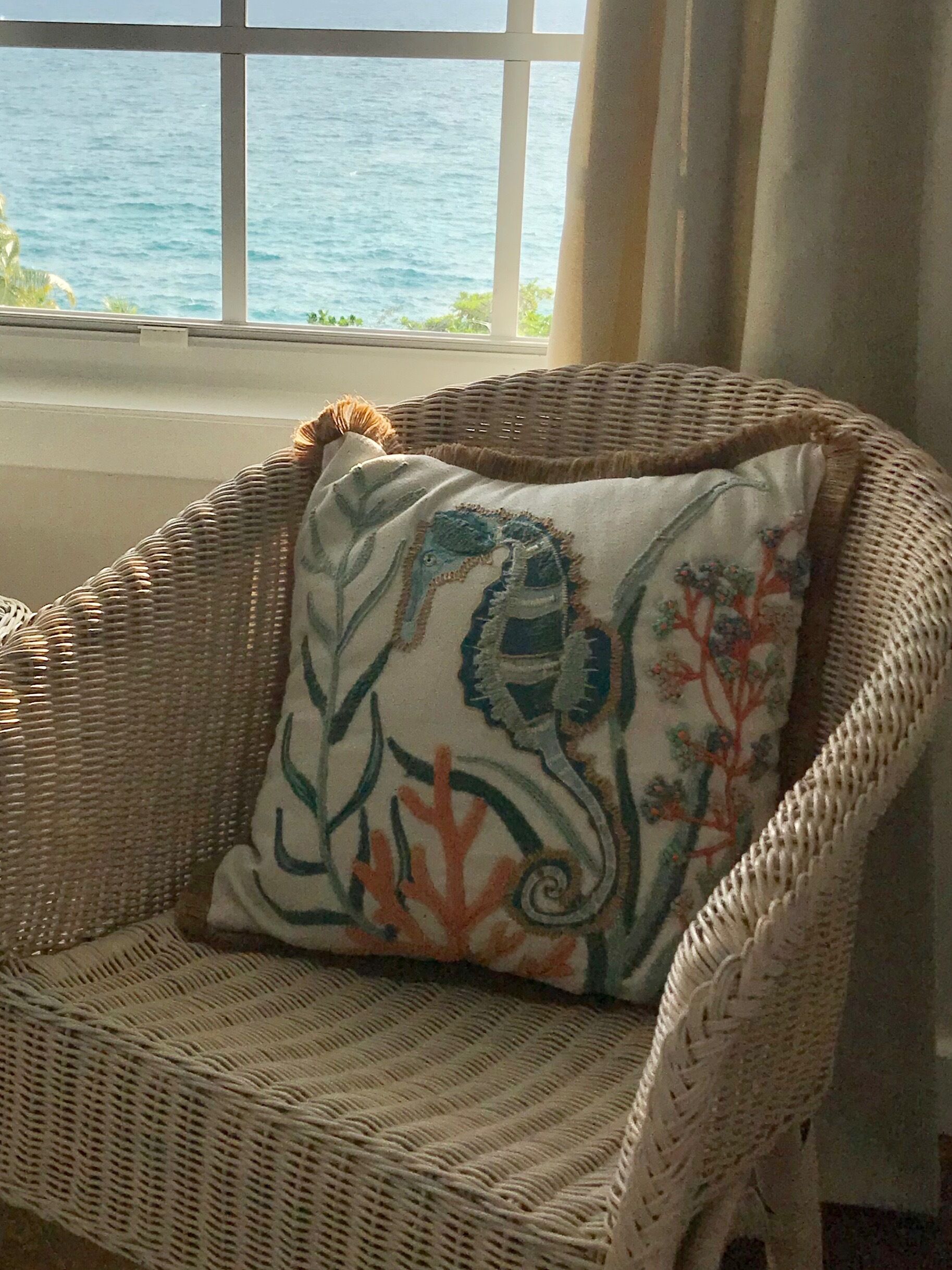 Une chaise en osier agrémentée d’un coussin décoratif orné de motifs représentant la faune et la flore marines.