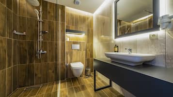 Rainfall showerhead, designer toiletries, hair dryer, bathrobes