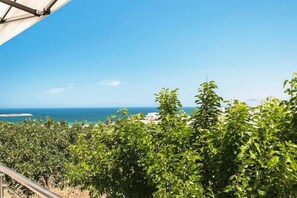 A coastal view with a clear sky, a metal railing, and dense green foliage.