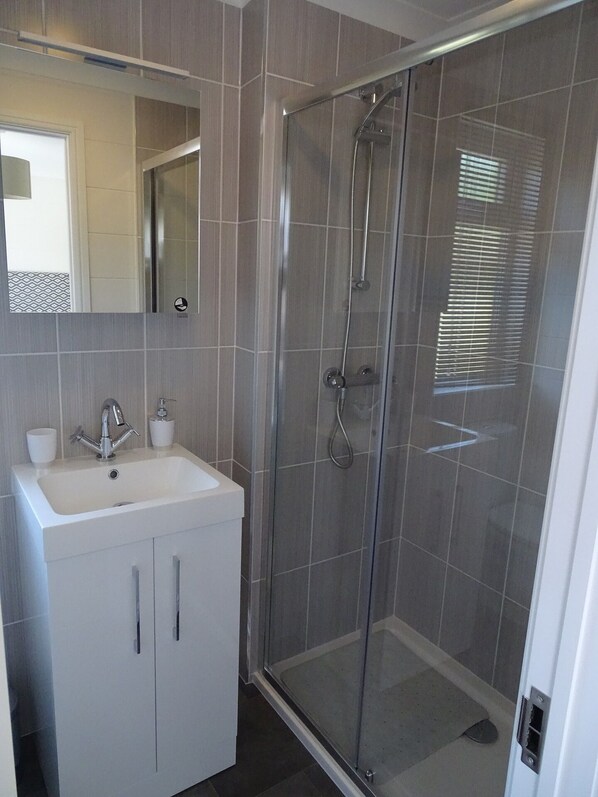 A modern bathroom with a glass-enclosed shower, a white sink, and a mirror above the sink.