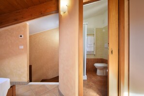 Shower, hair dryer, towels, shampoo