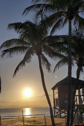 A beach scene with a wooden structure, palm trees, and the sun setting over the ocean.