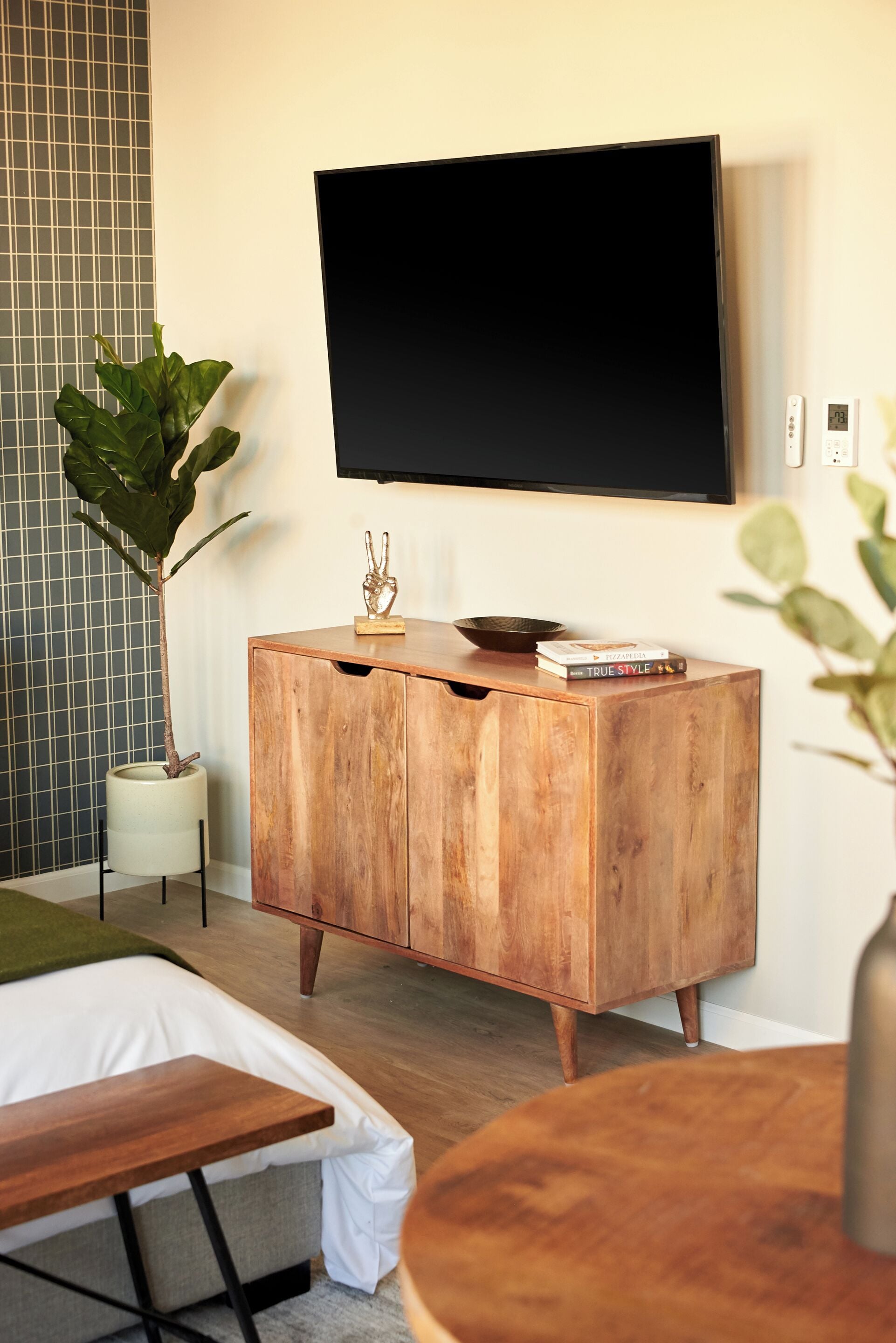 A modern living room with a wooden cabinet, a flat-screen TV, a potted plant, and a round coffee table.