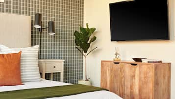 Une chambre moderne avec un grand lit, un banc en bois, une petite table de chevet, une télévision et une plante.