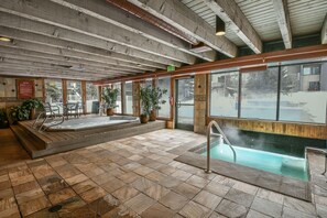 A spa area with a hot tub, a small pool, and a seating area with potted plants. - Edgewater 1436 (Keystone)