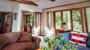 A cozy living room with a brown sofa, a blue sofa with a star-patterned pillow, and a wooden ceiling with skylights. - Stunning Waterfront Home with Boat Dock, swim, boating. Bike & skiing nearby. (Moultonborough)