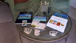 Una mesa de vidrio con una planta en maceta, revistas de viajes y adornos.