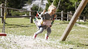 A child on a swing in a park with a wooden fence and trees in the background. - Pederü (Marebbe)