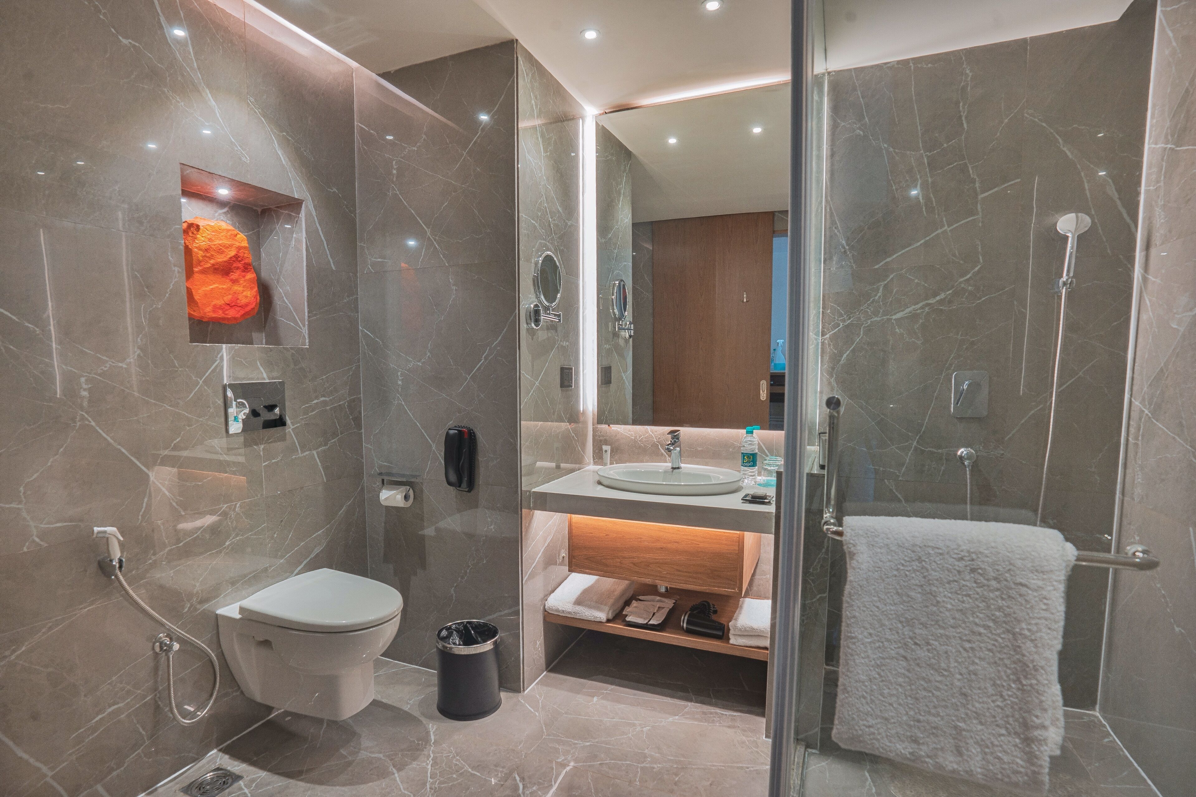 shower, free toiletries, hair dryer, bathrobes