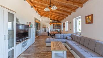 Televisie, een open haard, tafelvoetbal en een stereo