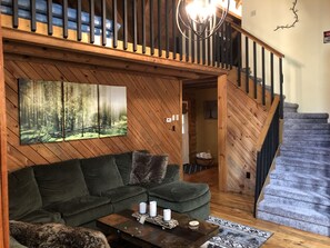 Smart TV, fireplace, books, stereo