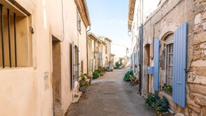 Une rue étroite, bordée de bâtiments des deux côtés, dont certains arborent des volets bleus et sont ornés de plantes en pot.