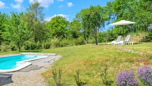 Une piscine entourée d’une végétation luxuriante et d’arbres, avec des chaises longues et un parasol.