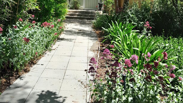A paved garden pathway leading to a white building with a door and steps.