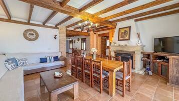 Televisión, chimenea y reproductor de DVD