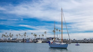 Un velero en aguas tranquilas, con un puerto deportivo al fondo, palmeras y cielo despejado.