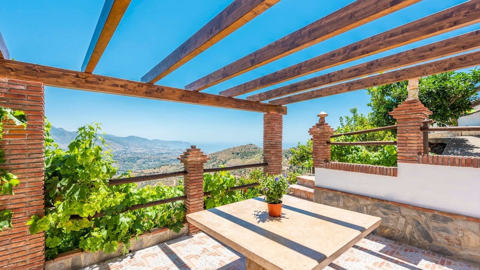 Una terraza con una mesa, planta en maceta y vistas a viñedos y colinas.