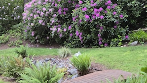 Un puente de madera sobre un arroyo rocoso en un jardín con helechos y flores moradas.