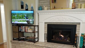 Una sala de estar con chimenea, televisor y estantería.