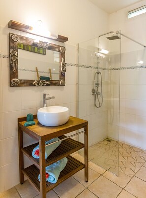 Shower, hair dryer, towels, toilet paper
