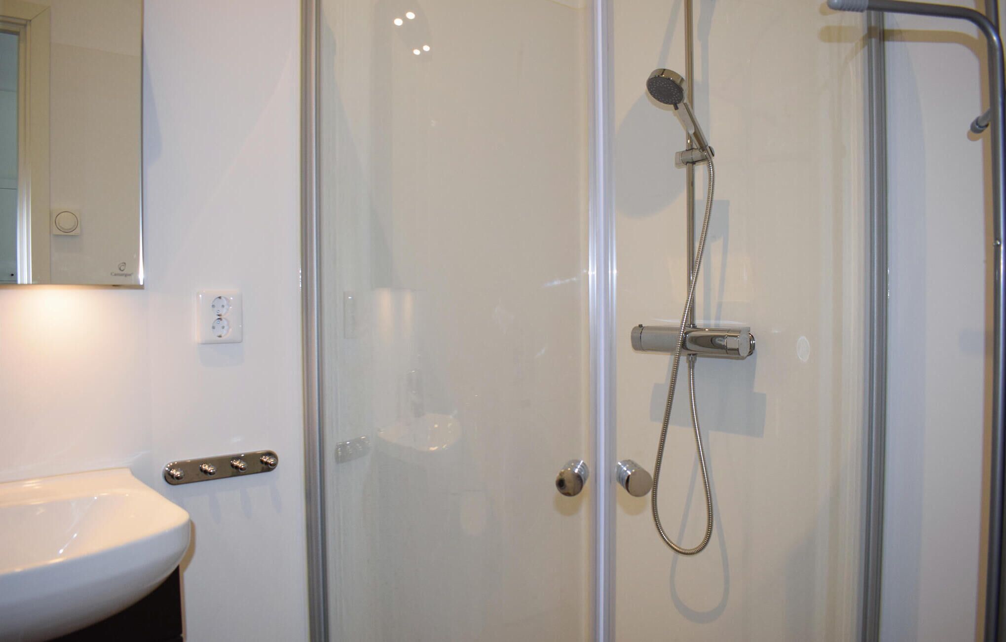 Une salle de bain moderne avec une douche à parois de verre, un lavabo blanc et un miroir au-dessus du lavabo.