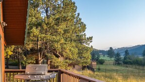 Une terrasse en bois avec un barbecue et des chaises, donnant sur une pelouse et des arbres.