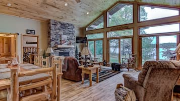 Smart TV, fireplace, DVD player, books