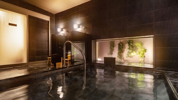 A modern indoor pool with a clear water surface, a seating area with a chair and a small table, and a wall with a green plant display. - Super Hotel Echizen Takefu (Echizen)