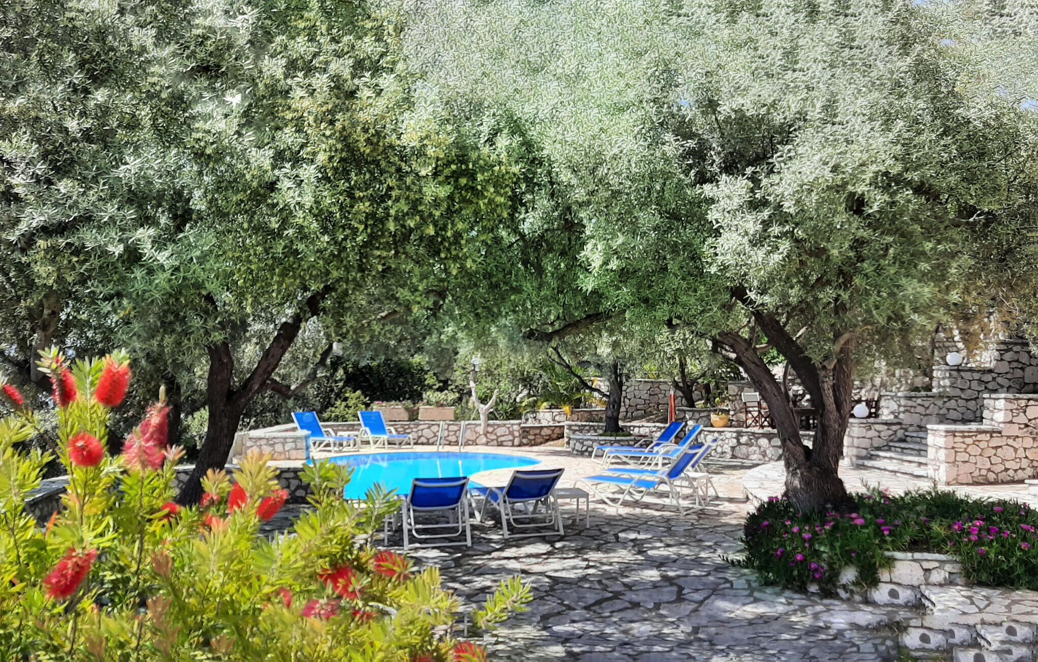An outdoor pool area with blue lounge chairs and a stone-tiled floor.
