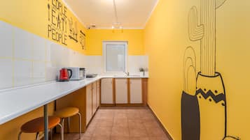 Kühlschrank, Mikrowelle, Herdplatte, Kochgeschirr/Geschirr/Besteck