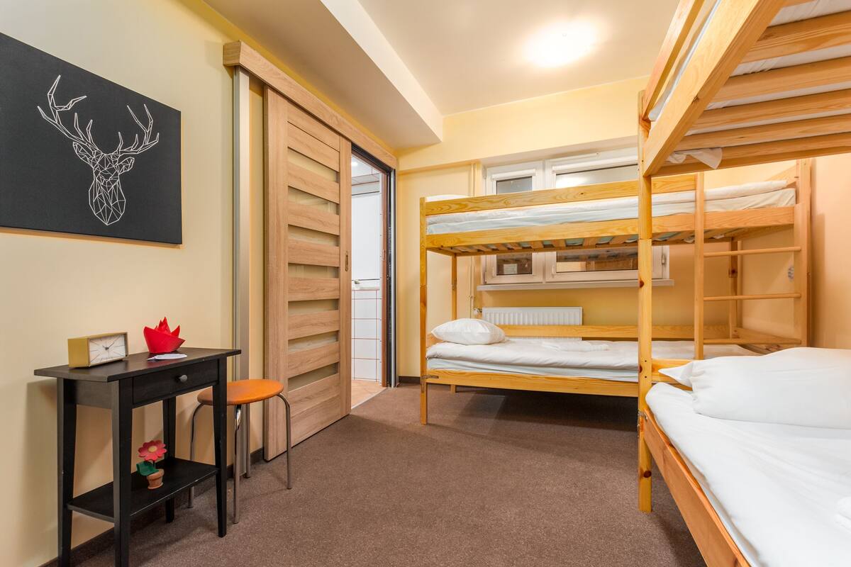 Un dormitorio con literas, un escritorio y una silla.