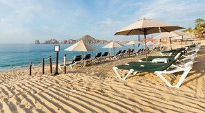 On the beach, sun-loungers, beach towels