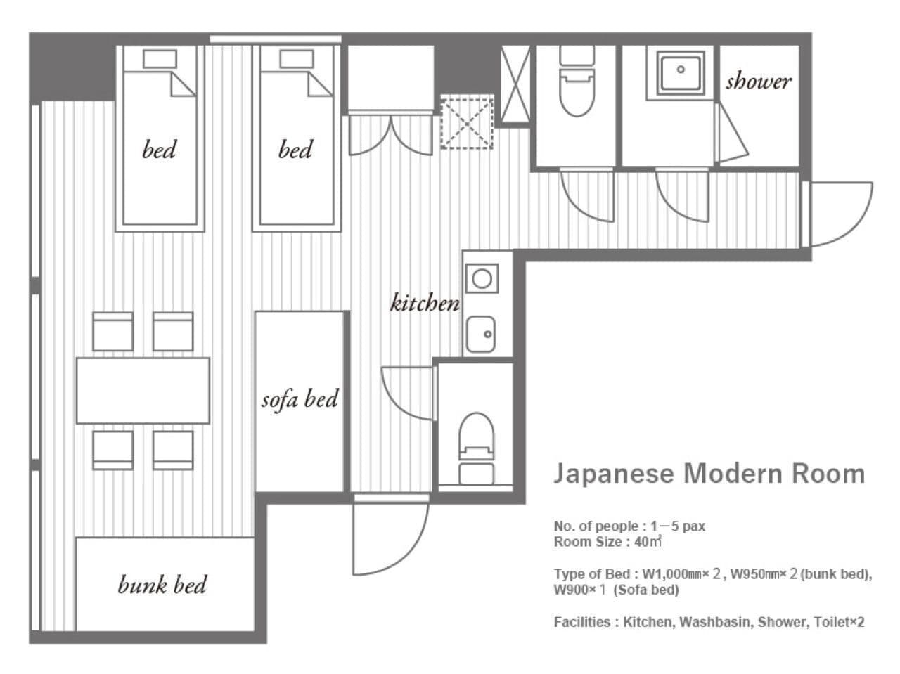 Un aménagement intérieur japonais moderne comprenant un lit superposé, un canapé-lit, deux lits simples, une cuisine, un lavabo, une douche et deux toilettes.