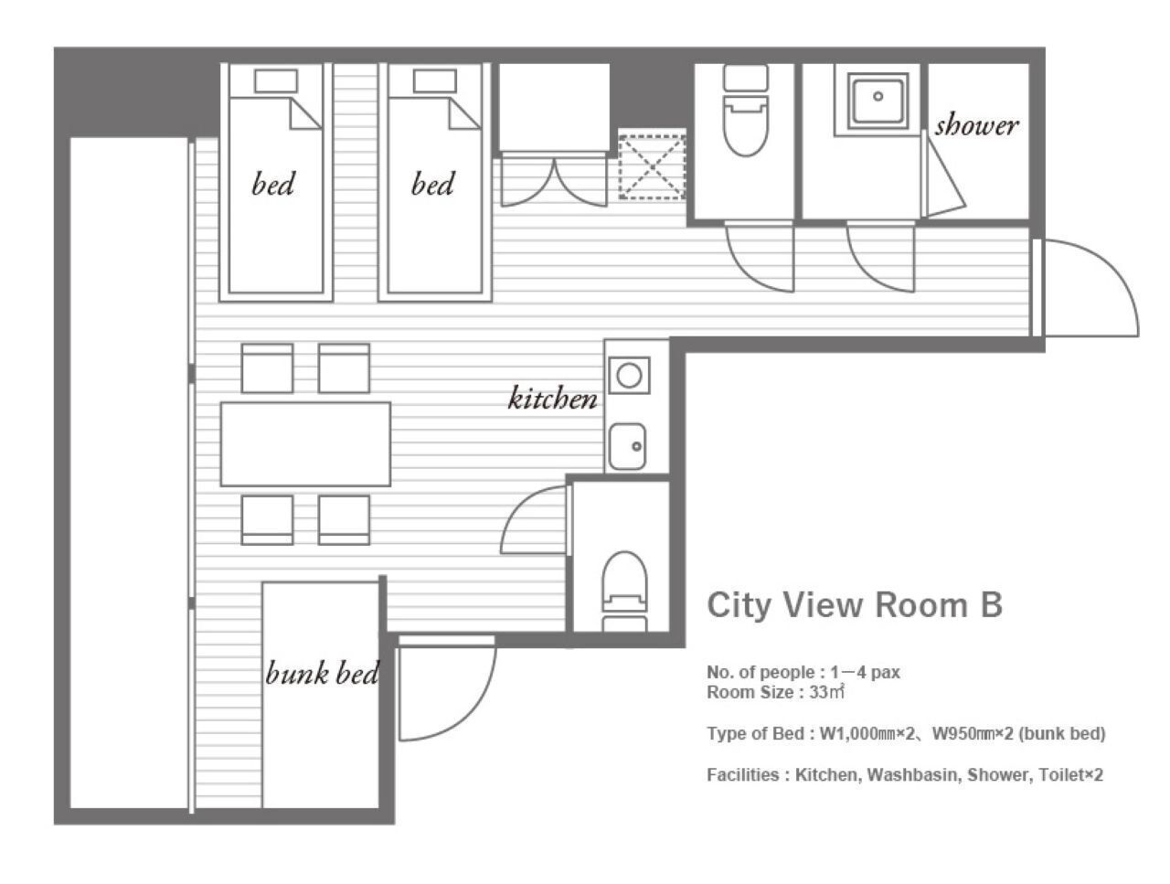 A floor plan of City View Room B with two beds, a kitchen, a washbasin, a shower, and two toilets.