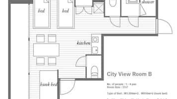 A floor plan of City View Room B with two beds, a kitchen, a washbasin, a shower, and two toilets.