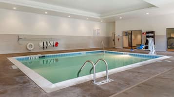 Indoor pool, open 8:00 AM to 11:00 PM, pool loungers