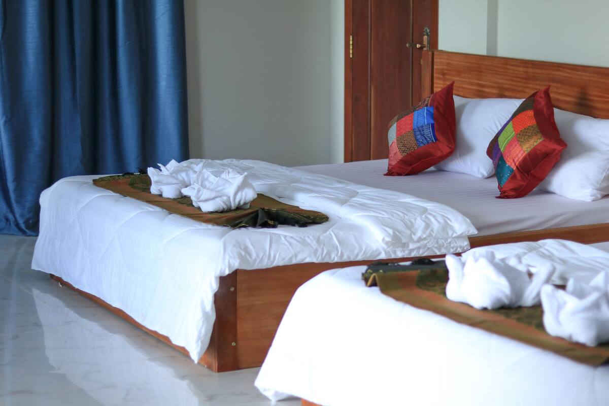 A hotel room with two beds, each with white linens and decorative pillows.