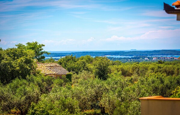 A view of a coastal landscape with dense greenery in the foreground and a clear view of the sea and distant buildings. - Beautiful home in Vodnjan (Vodnjan)