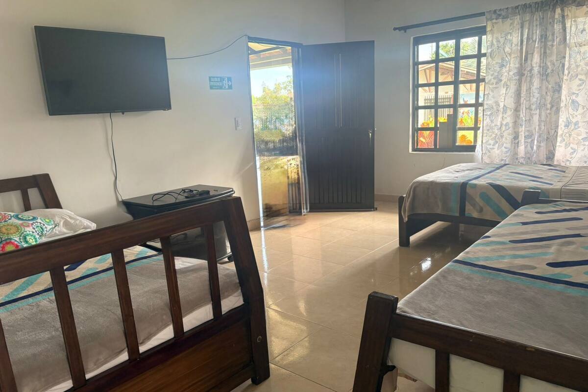 A room with a bed, a desk, a chair, a television, and a door leading outside.